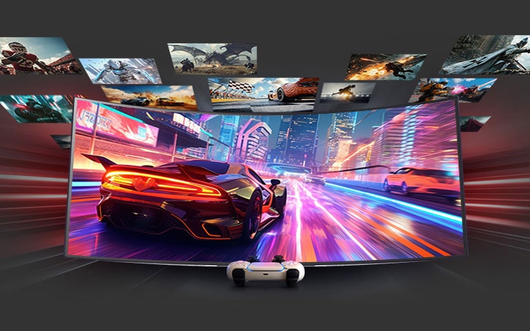 Zakrivljeni gaming monitor prikazuje igru utrkivanja ??s crvenim superautomobilom u gradu osvijetljenom neonskim svjetlima. Druge scene igre lebde po zaslonu. Bijeli upravlja? konzole postavljen je ispred, isti?u?i igranje na konzoli.