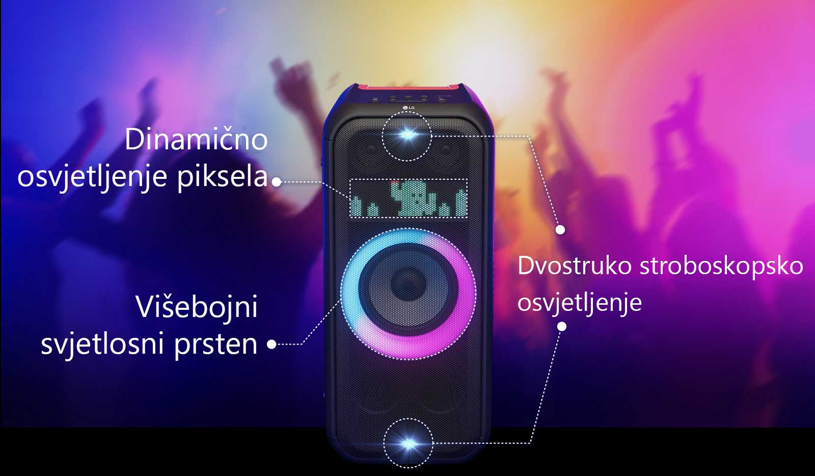Prednji prikaz zvu?nika. Postoji crta za obavje?tavanje svakog dijela rasvjete. Na vrhu i dnu, dvostruko stroboskopsko osvjetljenje. U sredini, svijetli vi?ebojni svjetlosni prsten svjetlom koji postepeno prelazi iz ru?i?aste u tirkiznu boju. Iznad je dinami?ko osvjetljenje piksela, prikazuje se lik kaktusa.