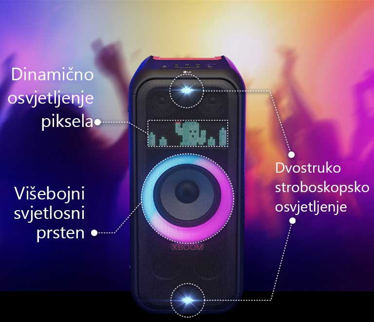 Prednji prikaz zvu?nika. Postoji crta za obavje?tavanje svakog dijela rasvjete. Na vrhu i dnu, dvostruko stroboskopsko osvjetljenje. U sredini, svijetli vi?ebojni svjetlosni prsten svjetlom koji postepeno prelazi iz ru?i?aste u tirkiznu boju. Iznad je dinami?ko osvjetljenje piksela, prikazuje se lik kaktusa.