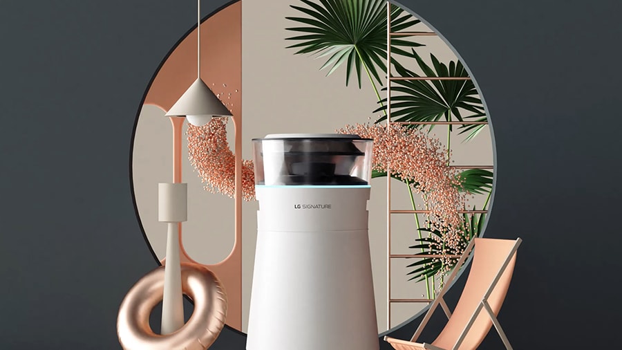 Il purificatore d'aria LG SIGNATURE è collocato tra svariati arredi scenici.