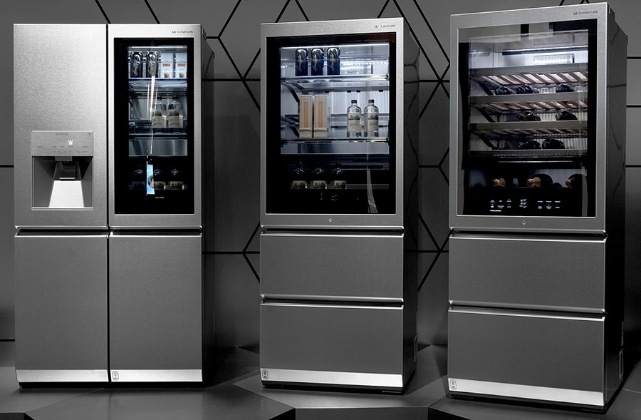 Campo lungo di Frigorifero, Combinato e Cantina per vini della linea LG SIGNATURE mostrate al CES 2020.