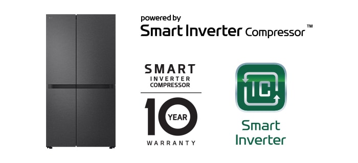 Product image with Smart Inverter Compressor? Logo and 10 year warranty Logo.