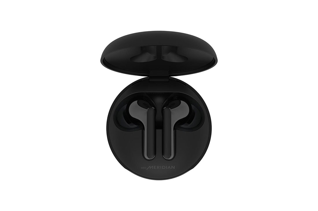 LG TONE Free HBS-FN6 Bluetooth Wireless Stereo Earbuds Black, A top view of a cradle opened up and two earbuds inside it with UV lighting on, HBS-FN4