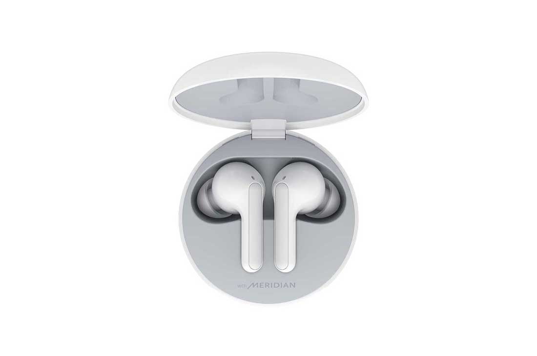 LG TONE Free HBS-FN4 Bluetooth? Wireless Stereo Earbuds with Meridian Audio (White), A top view of a cradle opened up and two earbuds inside it with UV lighting on, HBS-FN4