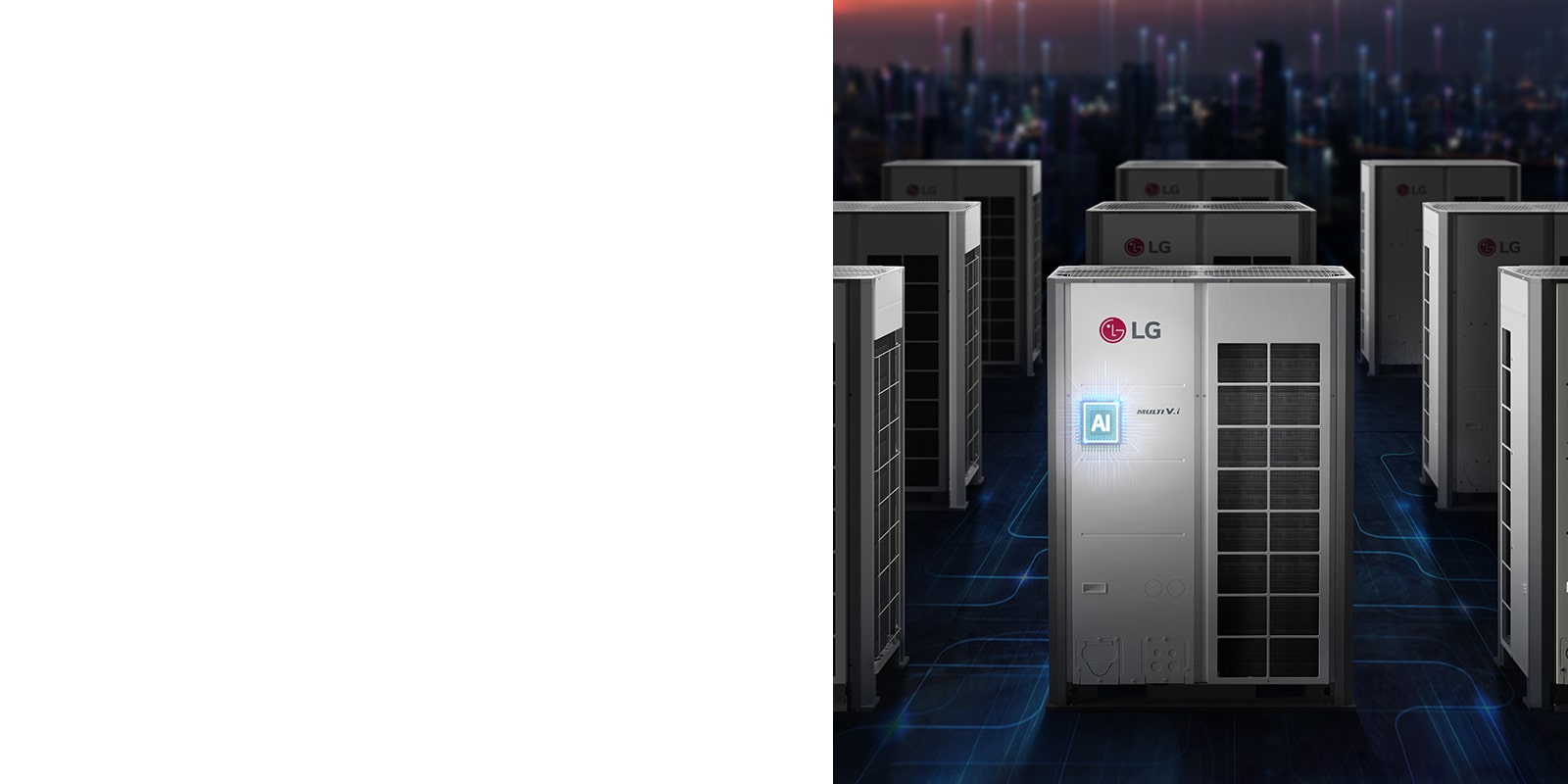 In a futuristic scene, a 2x2 row of LG MULTI V i outdoor units is showcased. The central unit stands out with a blue glowing AI chip at its core.