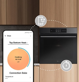  image where icons expressing timers and push notification functions are connected between the smart phone and the oven.