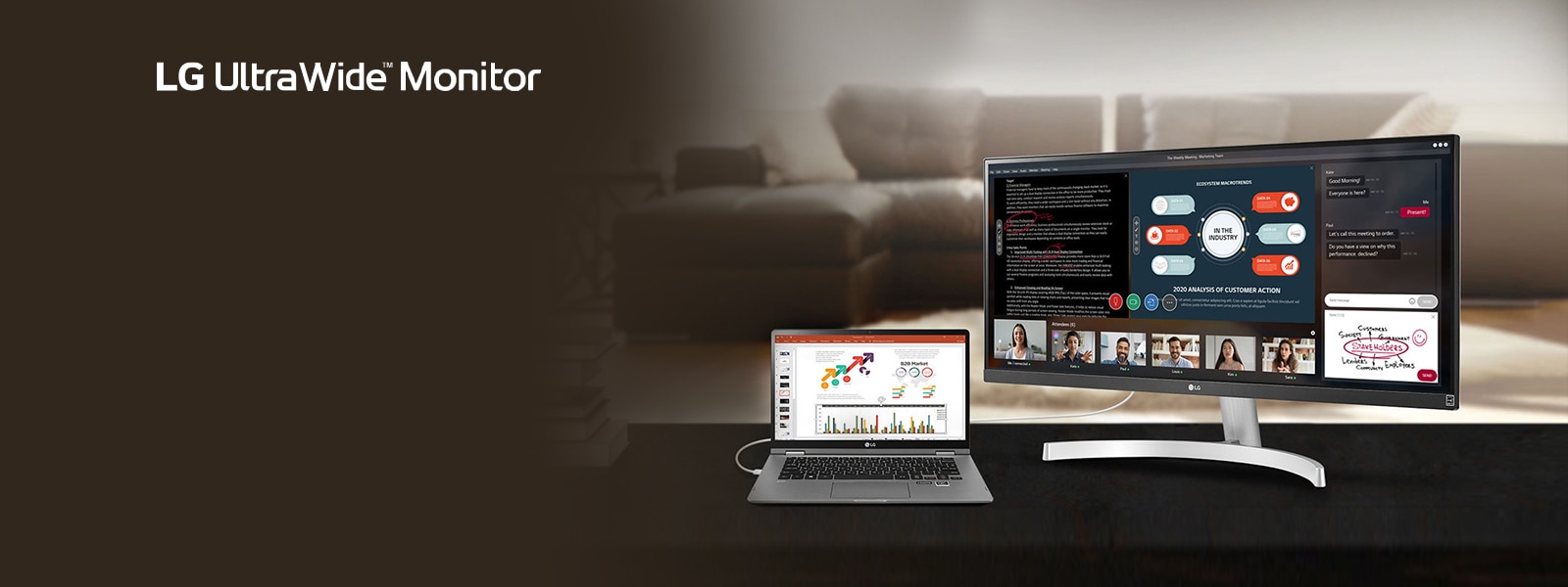 The image shows the LG UltraWide? Monitor product with the wide screen splitted to 4 parts for an ongoing Webinar, consisting of a text document to discuss, a PowerPoint slide, 5 videos of each of 5 participants, and the chatting screen with an diagram drawing image to send.