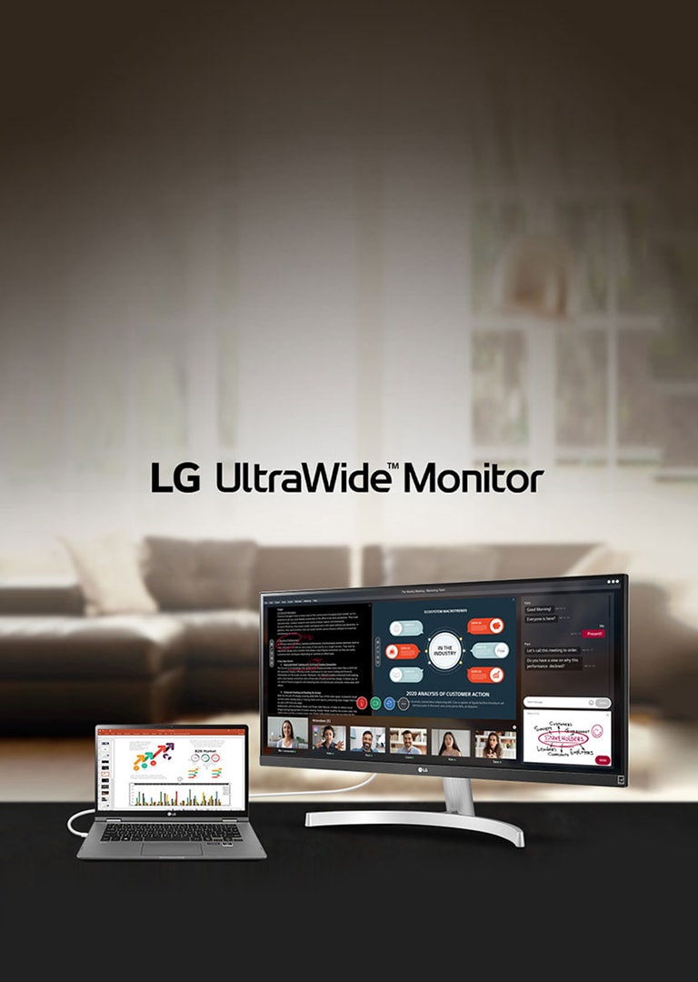 The image shows the LG UltraWide? Monitor product with the wide screen splitted to 4 parts for an ongoing Webinar, consisting of a text document to discuss, a PowerPoint slide, 5 videos of each of 5 participants, and the chatting screen with an diagram drawing image to send.