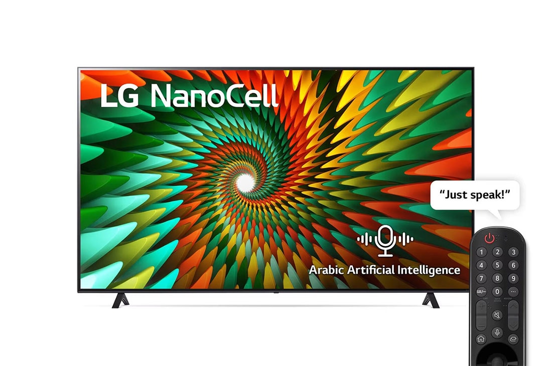 LG, Nanocell TV, 65 inch NANO77R series, WebOS Smart AI ThinQ, Magic Remote, 3 side cinema, HDR10, HLG   , AI Sound Pro (5.1.2ch), 2 Pole stand, 2023 New, A front view of the LG NanoCell TV, 65NANO776RA