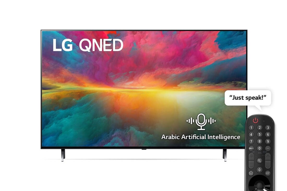 LG, Colour Technology QNED TV, 55 inch QNED75R series, WebOS Smart AI ThinQ, Magic Remote, 3 side cinema, HDR10, HLG   , AI Sound Pro (5.1.2ch), 2 Pole stand, 2023 New, A front view of the LG QNED TV with infill image and product logo on, 55QNED756RB