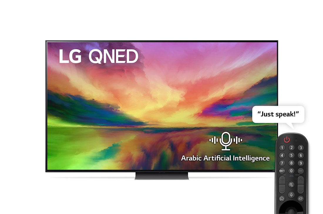LG,  Colour Technology QNED TV, 65 inch QNED81R series, WebOS Smart AI ThinQ, Magic Remote, 3 side cinema, HDR10, HLG, AI Picture Pro, AI Sound Pro (5.1.2ch), 1 pole stand, 2023 New, A front view of the LG QNED TV with infill image and product logo on, 65QNED816RA