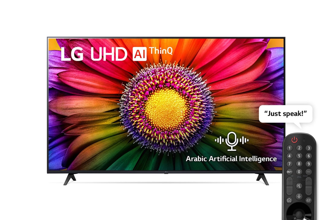 LG, UHD 4K TV, 65 inch UR80 series, WebOS Smart AI ThinQ, Magic Remote, 3 side cinema, HDR10, HLG   , AI Sound Pro (5.1.2ch), 2 Pole stand, 2023 New, A front view of the LG UHD TV, 65UR80006LJ