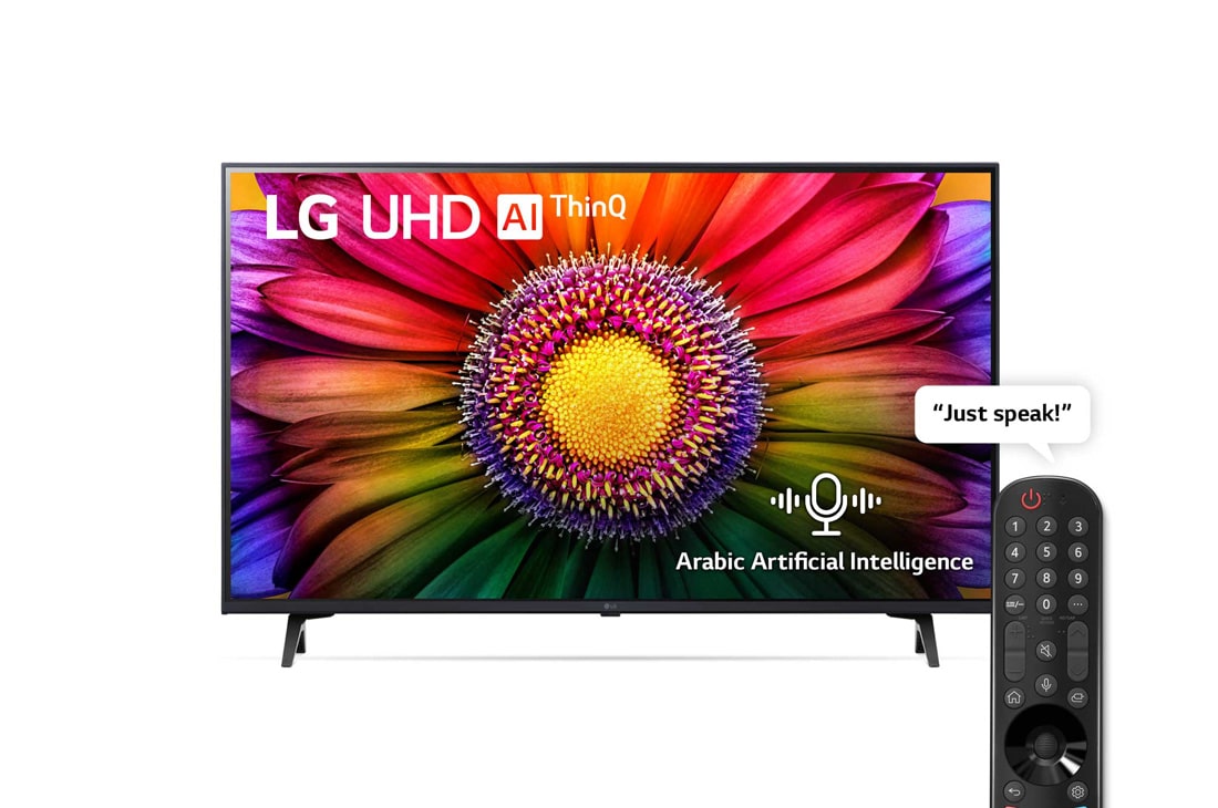 LG, UHD 4K TV, 43 inch UR80 series, WebOS Smart AI ThinQ, Magic Remote, 3 side cinema, HDR10, HLG   , AI Sound Pro (5.1.2ch), 2 Pole stand, 2023 New, A front view of the LG UHD TV, 43UR80006LJ