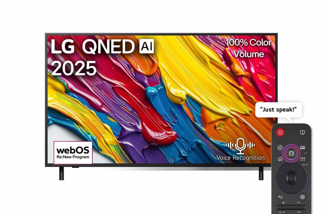 LG 55 inch LG QNED AI QNED82 4K Smart TV AI Magic remote HDR10 webOS25 2025 , Front view of LG QNED82 TV, LG QNED Al Logo on the top corner. LG QNED TV depicts colorful paintike textures coming together., 55QNED82A6A