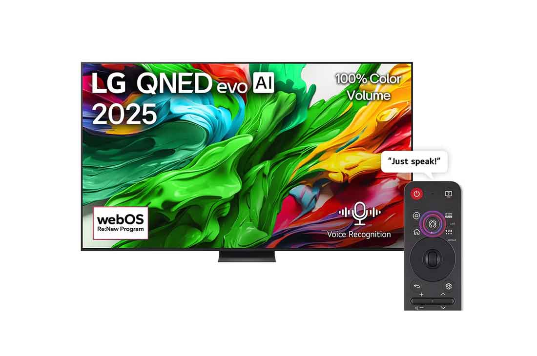LG 100 inch LG QNED evo AI QNED86 MiniLED 4K 120Hz Smart TV AI Magic remote webOS25 2025, Front view of LG QNED evo QNED92 TV, LG QNED evo Al Logo on the top corner. LG QNED evo QNED92 TV TV depicts colorful paintike textures coming together., 100QNED86A6