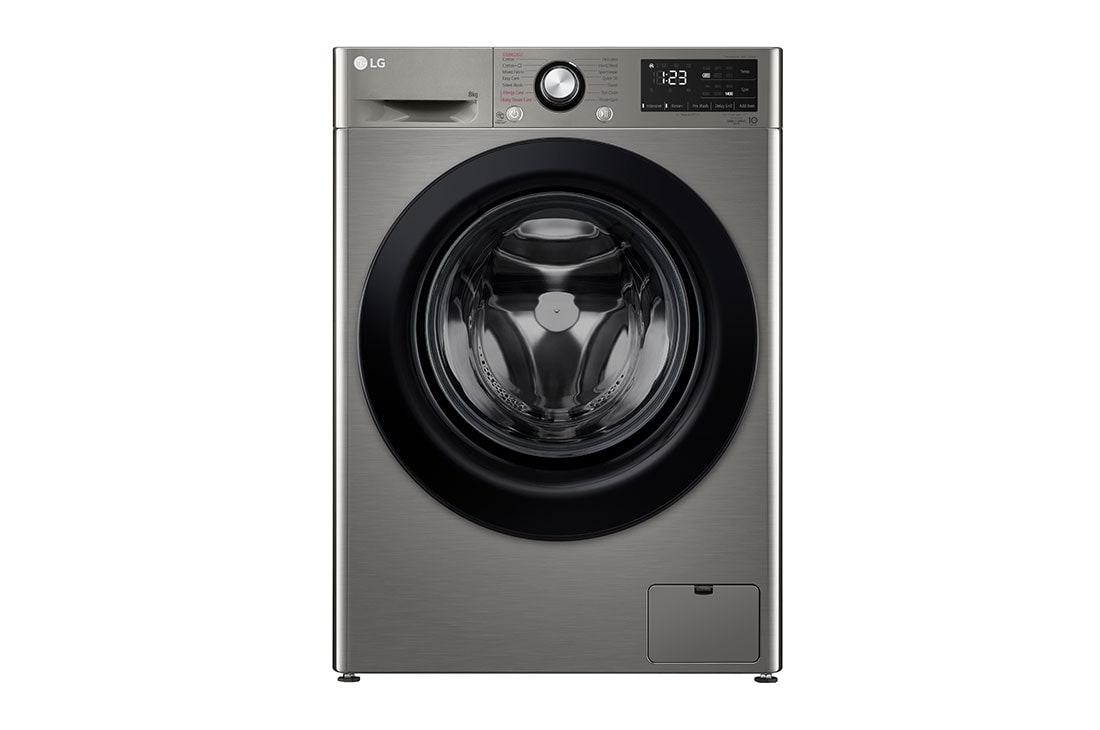 LG Front Load Washing Machine Silver Color, 9KG Capacity with AI DD?, Steam? & ThinQ?, front view, WV2149PVG