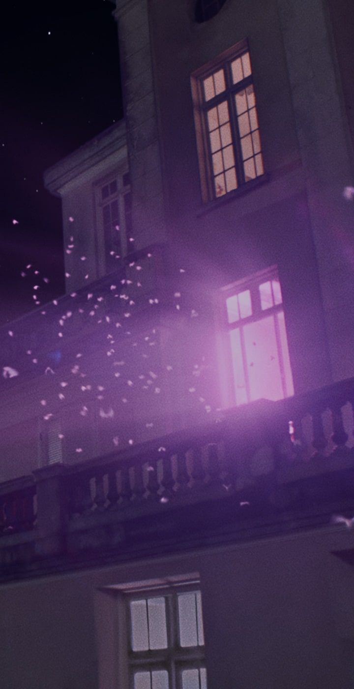 Moths flock across the night sky toward the top of a mansion. From the living room window, the camera cuts to a silhouette of a couple watching TV on the sofa. Bands of blue and
                      purple light sway onscreen.