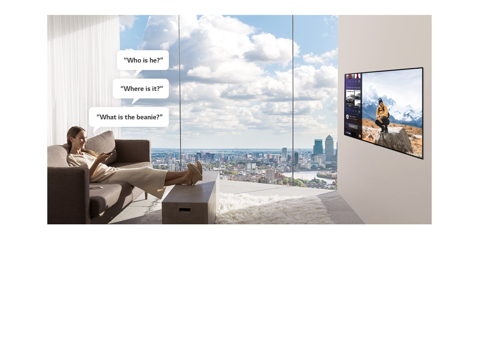 A Woman watching and asking TV