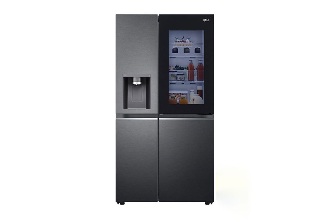 LG 674L side-by-side-fridge with InstaView Door-in-Door? in Matt Black, front light on food view, GS-X5982MC