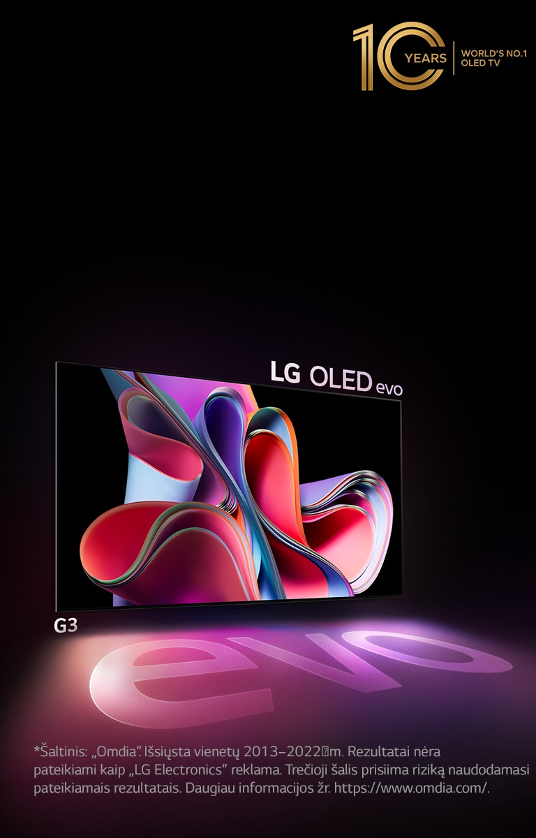 LG OLED G3 vaizdas juodame fone, matomi ry?kiai ro?iniai ir violetiniai meno kūriniai. Ekranas meta spalving? ?e??l?, kuriame yra ?odis ?evo“. Vaizdo kairiajame vir?utiniame kampe yra emblema ?10 met? pasaulio OLED televizorius Nr. 1“. 