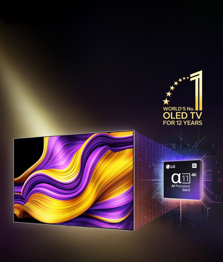 ?LG OLED TV“ televizorius, kurio ekrane vaizduojamas spalvingas abstraktus meno kūrinys, o u? jo i?ry?kintas ?alpha 11 AI Processor Gen2“ procesorius. I? procesoriaus ir televizoriaus sklinda ry?kios ?viesos, demonstruojan?ios pa?angias technologijas. Matoma emblema ?World’s number one OLED TV for 12 years“.