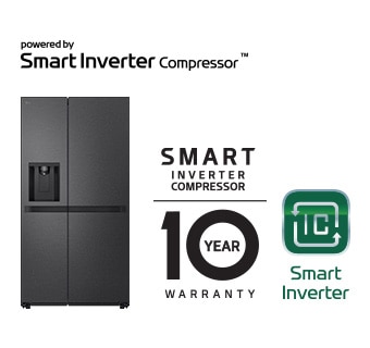 Produkto vaizdas su Smart Inverter Compressor? logotipu ir 10-ies met? garantijos logotipu.