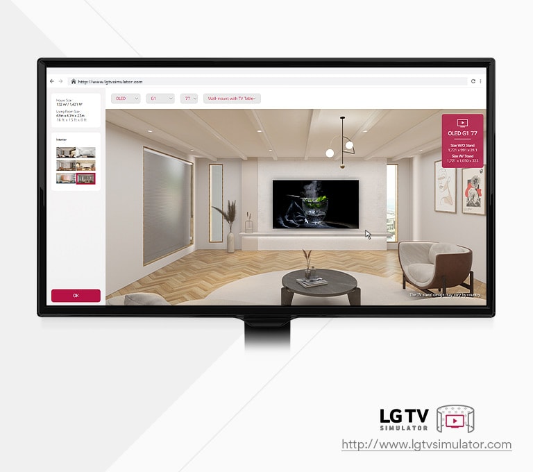 Tai yra ai?kinamasis moduliavimo priemon?s vaizdas – naudojant ?i? priemon?  LG TV modelius virtualioje erdv?je.