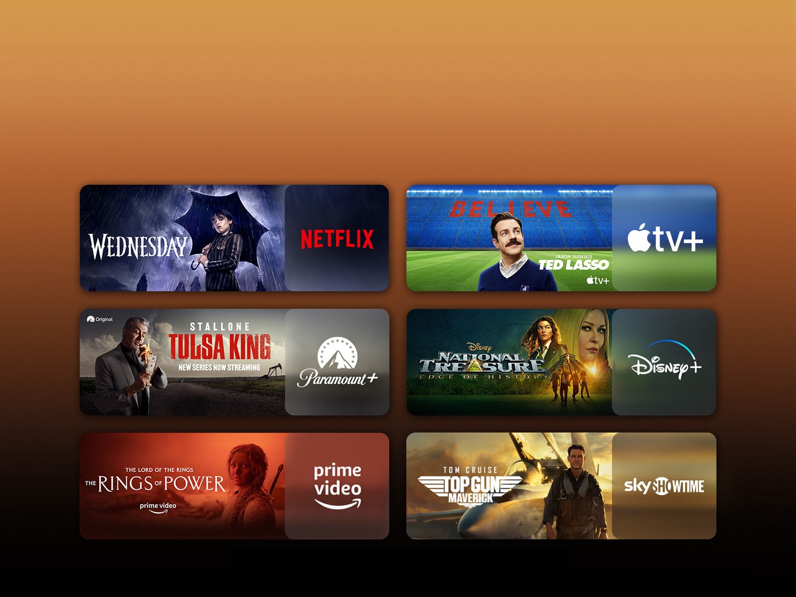 Rodomi srautinio siuntimo paslaug? platform? logotipai, prie kiekvieno logotipo – atitinkama vaizdo med?iaga. Pateikiami ?Netflix“ serialo ?Wednesday“, ?Apple TV“ serialo TED LASSO, ?Paramount+“ serialo ?Tulsa King“, ?Disney Plus“ laidos ?National Treasure“, PRIME VIDEO serialo ?The Rings of Power“, ?Sky Showtime“ filmo TOP GUN ir LG CHANNELS leopardo vaizdai.