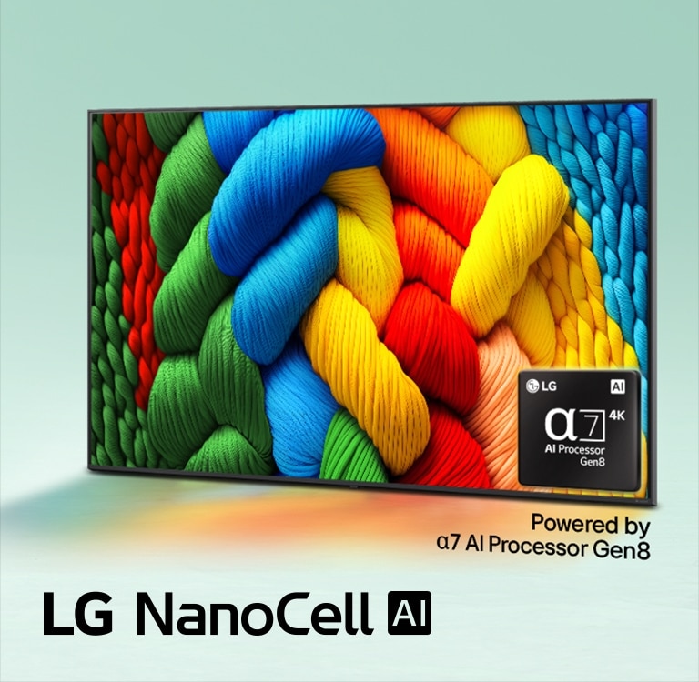 LG NanoCell TV yra ?iek tiek pasuktas ? kair? ir jame rodomos spalvingos gijos. Televizoriaus apatiniame de?iniajame kampe yra alpha 7 AI Processor Gen8 logotipas. Fonas yra ?viesiai ?ydros spalvos gradientas. LG NanoCell AI logotipas yra apatiniame kairiajame kampe. Taip pat matomas tekstas: ?powered by alpha 7 AI Processor Gen8“.