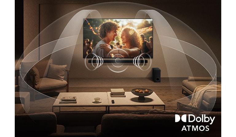 Silpnai ap?viesta, jauki svetain? su LG NanoCell TV ant sienos ir LG Soundbar. Grafika reprezentuoja, kaip Dolby Atmos u?pildo vis? erdv? garsu i? vis? pusi?. Dolby Atmos logotipas yra apatiniame de?iniajame kampe.