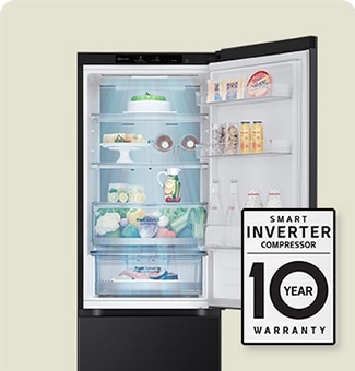 ?vie?iais maisto produktais pripildytas ?aldytuvas su atviromis durel?mis ir smart inverter compressor 10 met? garantijos ?enklu.
