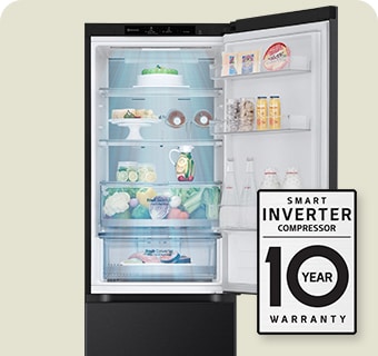 ?vie?iais maisto produktais pripildytas ?aldytuvas su atviromis durel?mis ir smart inverter compressor 10 met? garantijos ?enklu.