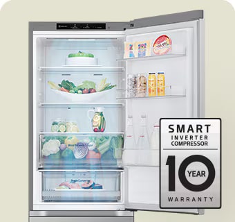 ?vie?iais maisto produktais pripildytas ?aldytuvas su atviromis durel?mis ir smart inverter compressor 10 met? garantijos ?enklu.