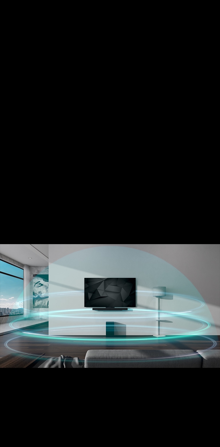 M?lynos kupolo formos, 3 sluoksni? garso bangos dengia horizontal?j? garsiakalb? (?sound bar“) ir televizori?, pakabint? ant svetain?s sienos.