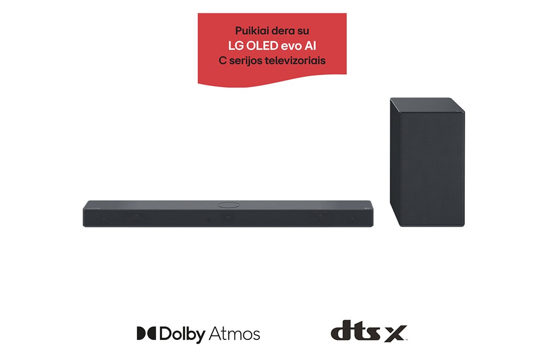 LG 400W, 3.1.3 kanal? SC9S LG ?Soundbar“ garso sistema su ?Dolby Atmos“, puikiai dera su LG OLED evo AI C serijos TV, Horizontaliojo garsiakalbio (?sound bar“) ir ?em? da?ni? garsiakalbio vaizdas i? priekio, SC9S
