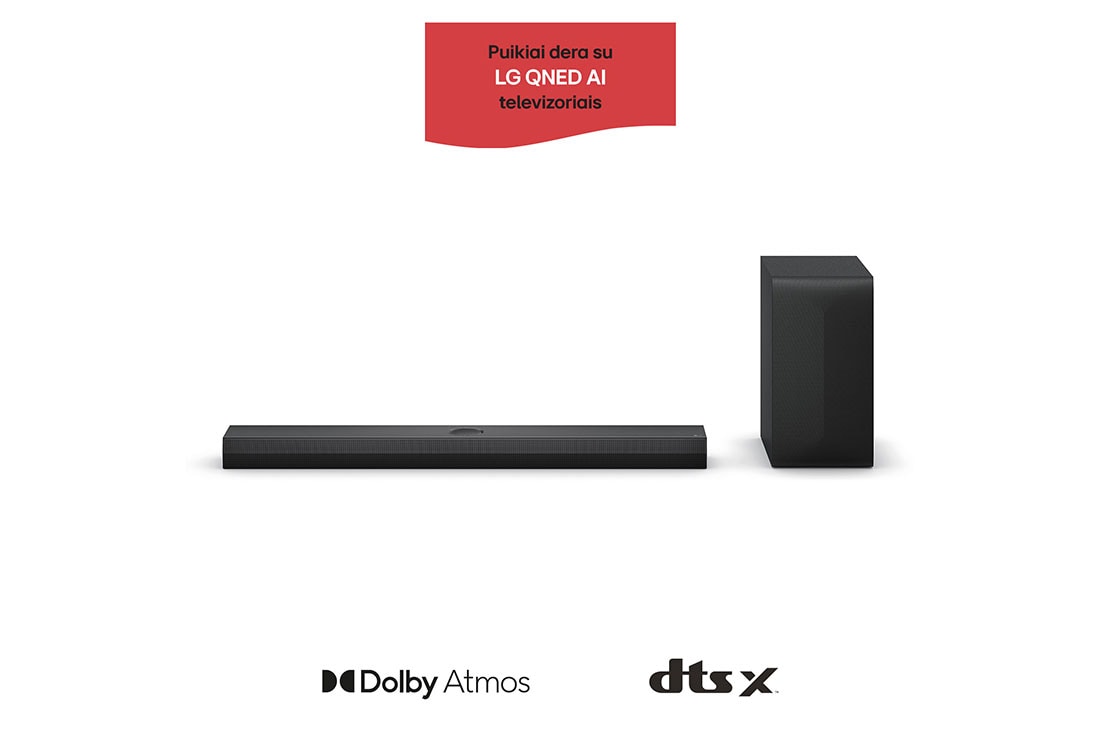 LG 400W, 3.1.1 kanal? S70TY LG ?Soundbar“ garso sistema su ?Dolby Atmos“, puikiai dera su LG QNED AI TV, LG ?Soundbar“ S70TY ir ?em?j? da?ni? garsiakalbio vaizdas i? priekio, S70TY