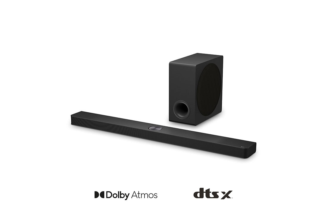 LG 570W, 5.1.3 kanal? S90TY LG ?Soundbar“ garso sistema su ?Dolby Atmos“, LG ?Soundbar“ S90TY ir ?em?j? da?ni? garsiakalbio vaizdas kampu, S90TY
