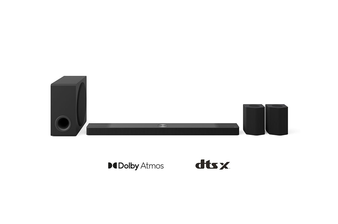 LG 9.1.5 kanal? konfigūracijos LG nam? kino garso sistema ?Soundbar“ su erdvinio garso ir galin?mis kolon?l?mis S95TR, LG ?Soundbar“, ?em? da?ni? ir galini? garsiakalbi? vaizdas i? priekio, S95TR