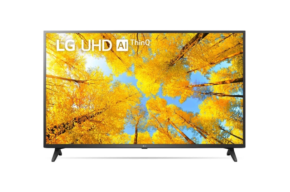LG 65 coli? UHD 4K televizorius 65UQ7500, LG UHD televizoriaus vaizdas i? priekio su papildomu vaizdu ir gaminio logotipu, 65UQ75003LF
