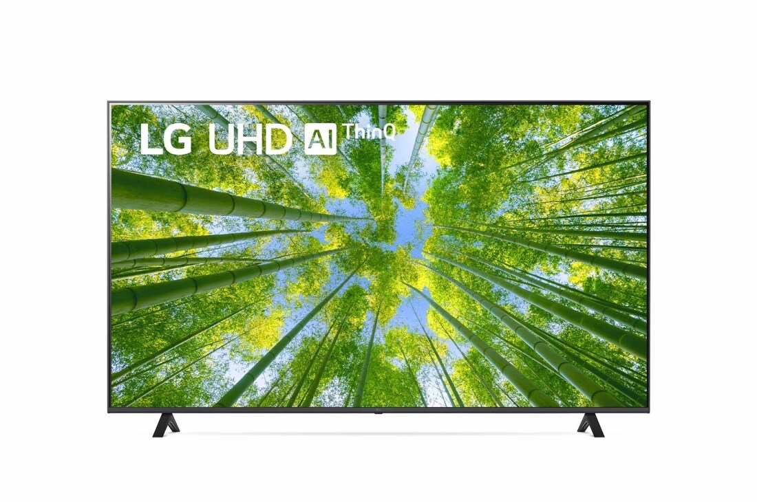 LG 86 coli? UHD 4K televizorius  86UQ8000, LG UHD televizoriaus vaizdas i? priekio su papildomu vaizdu ir gaminio logotipu, 86UQ80003LB