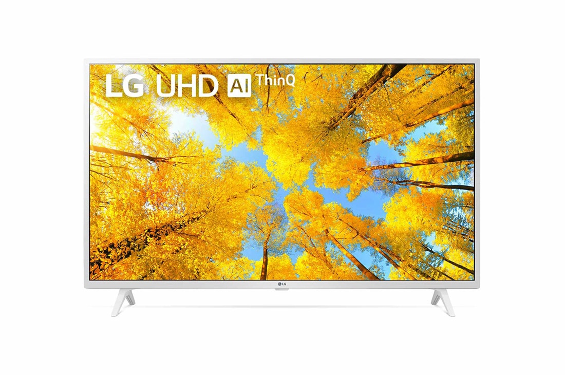 LG 43 coli? UHD 4K televizorius 43UQ7690, LG UHD televizoriaus vaizdas i? priekio su papildomu vaizdu ir gaminio logotipu, 43UQ76903LE