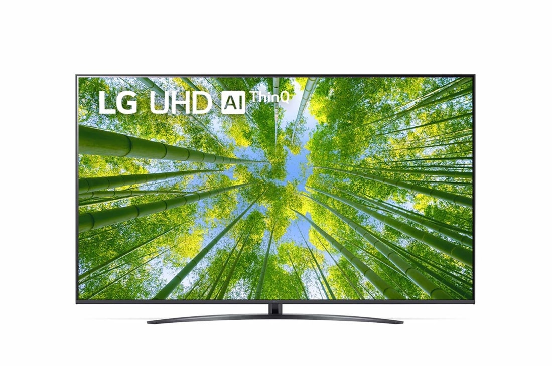 LG 70 coli? UHD 4K televizorius  70UQ8100, LG UHD televizoriaus vaizdas i? priekio su papildomu vaizdu ir gaminio logotipu, 70UQ81003LB