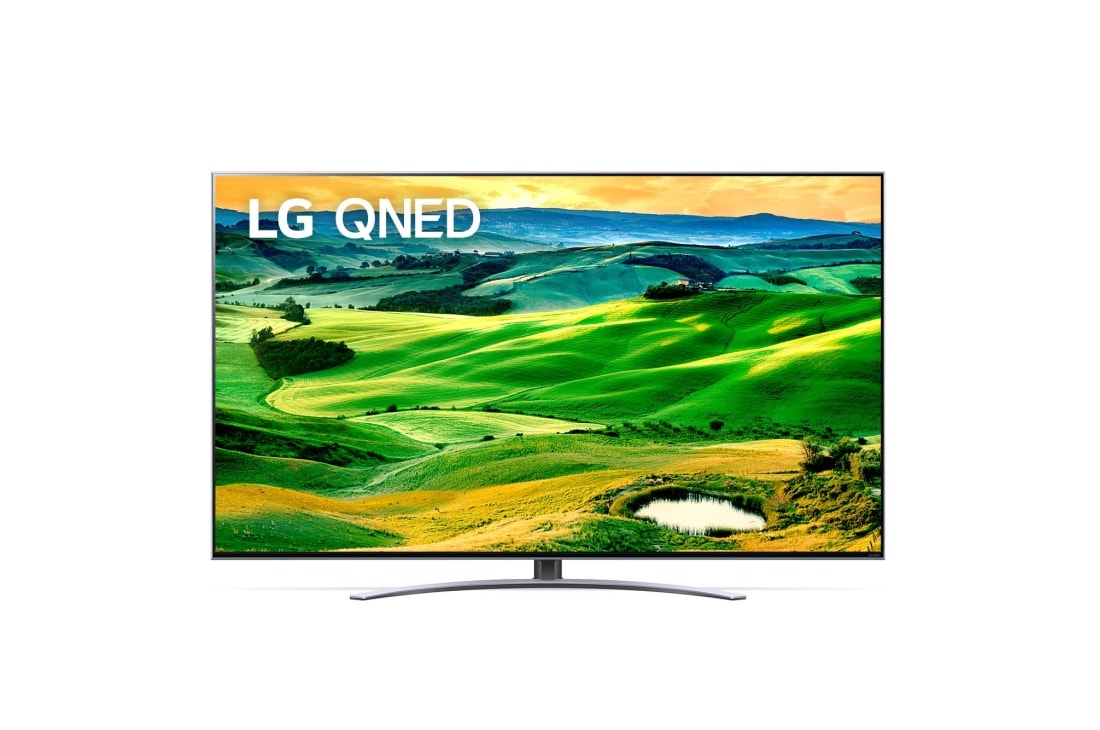 LG 50 coli? QNED 4K televizorius, LG QNED televizoriaus vaizdas i? priekio su papildomu vaizdu ir gaminio logotipu, 50QNED823QB