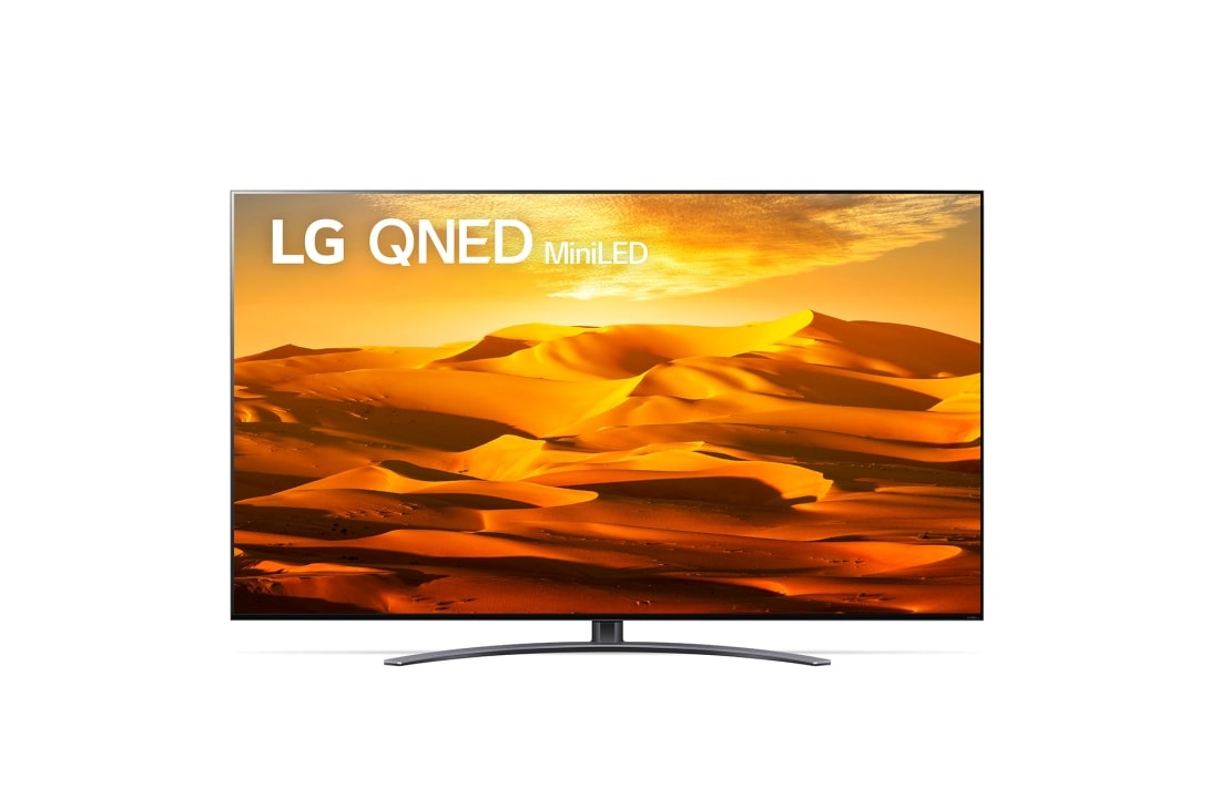 LG 86 coli? QNED  televizorius, LG QNED televizoriaus vaizdas i? priekio su papildomu vaizdu ir gaminio logotipu, 86QNED913QA