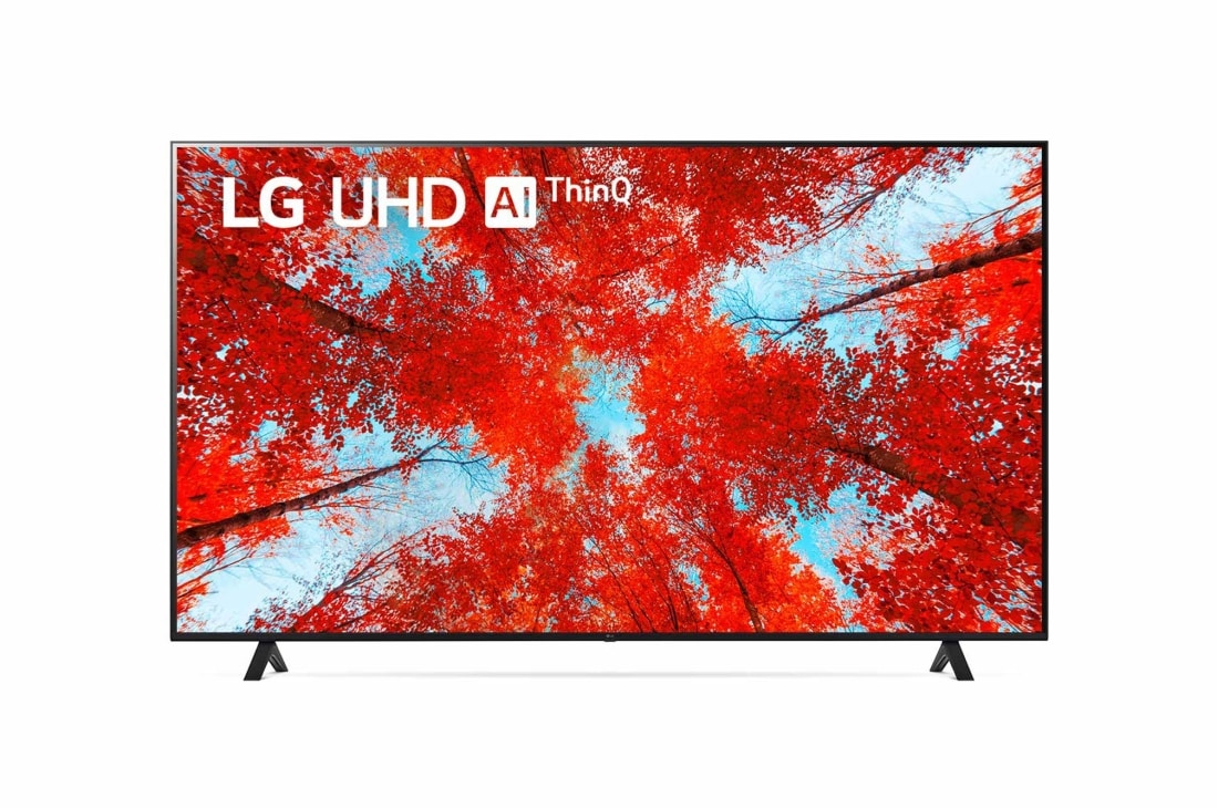 LG 75 coli? UHD 4K televizorius  75UQ9000, LG UHD televizoriaus vaizdas i? priekio su papildomu vaizdu ir gaminio logotipu, 75UQ90003LA