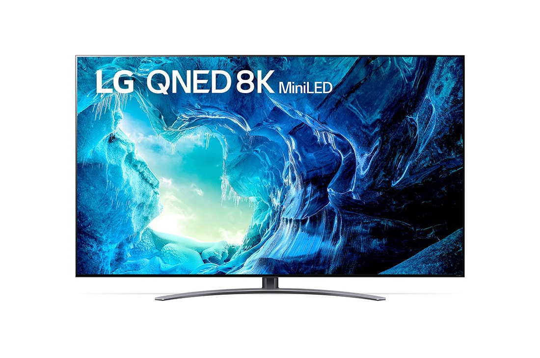LG 75 coli? 8K QNED  MiniLED televizoriai QNED96, LG QNED televizoriaus vaizdas i? priekio su papildomu vaizdu ir gaminio logotipu, 75QNED963QA