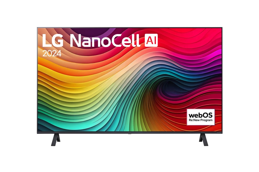 LG 43 coli? LG NanoCell AI 4K i?manusis TV NANO81 WebOS24 2024, LG NanoCell TV vaizdas i? priekio, NANO81 su tekstu LG NanoCell, 2024, ir ?webOS Re:New Program“ logotipas ekrane, 43NANO81T3A