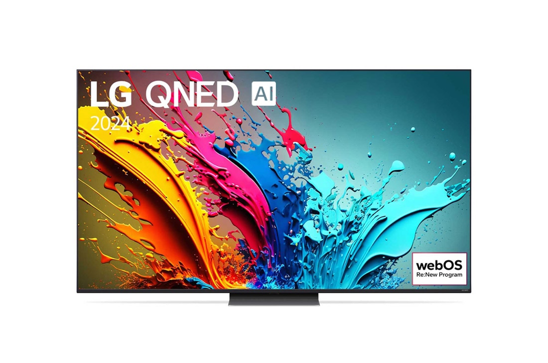 LG 75 coli? LG QNED AI 4K i?manusis TV QNED86 WebOS24 2024, LG QNED TV vaizdas i? priekio, QNED85 su tekstu LG QNED, 2024, ir ?webOS Re:New Program“ logotipas ekrane, 75QNED86T3A