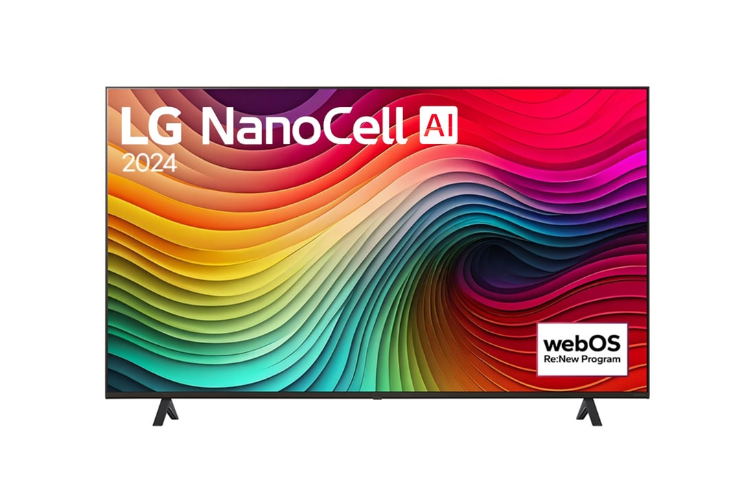 LG 55 coli? LG NanoCell AI 4K i?manusis TV NANO82 WebOS24 2024, LG NanoCell TV vaizdas i? priekio, NANO82 su tekstu LG NanoCell, 2024, ir ?webOS Re:New Program“ logotipas ekrane, 55NANO82T3B