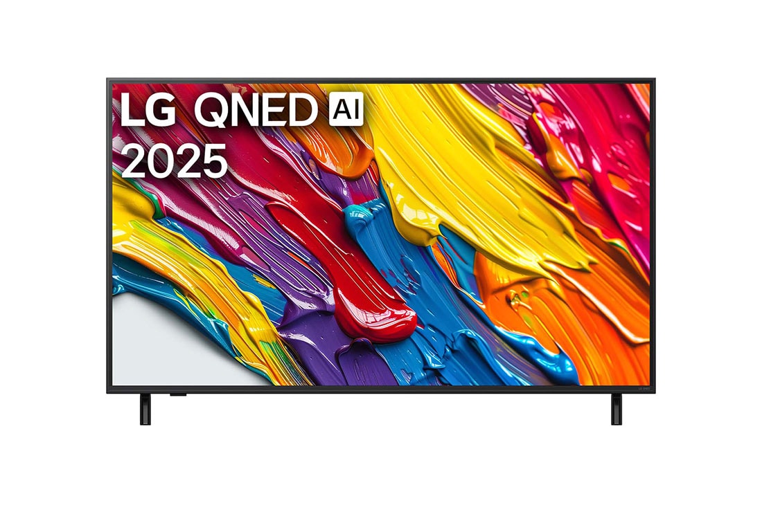 LG 55 coli? LG QNED AI 4K i?manusis TV QNED84 2025, LG QNED82 TV vaizdas i? priekio, LG QNED Al logotipas vir?utiniame kampe. LG QNED TV atvaizduojamos spalvingos da?us primenan?ios tekstūros., 55QNED84A3C